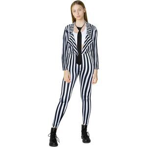 🖤 Women's Black +White Striped Beetlejuice-Inspired Blazer Pants Tie Set Size M